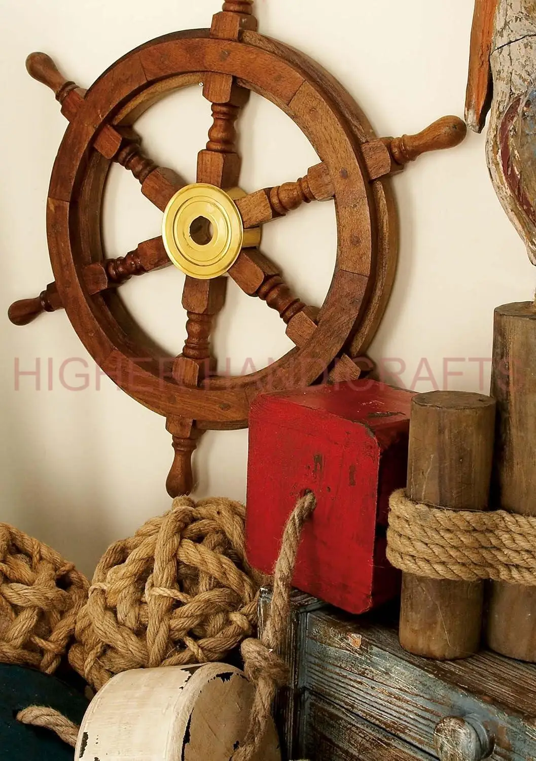 Medieval Replicas Wood Brass Ship Polystone Whee 18 Inch Wheel Boat Ornament Decorative Nautical Wheel with Six Spokes