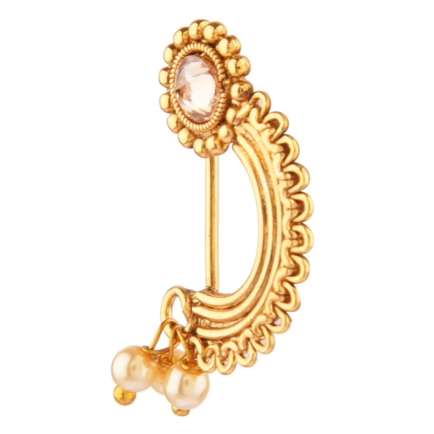 Indian Traditional Faux Pearl Drop Nose Ring Floral Nath Nathani Bridal Crystal Wedding Non Piercing Jewelry for Women, White
