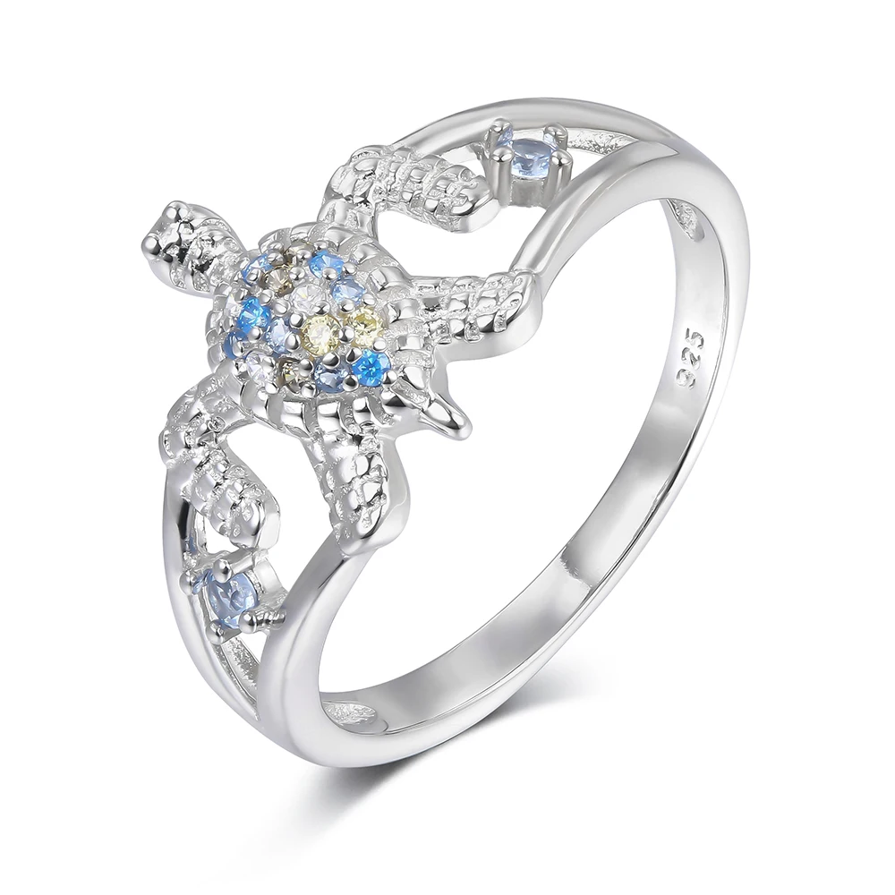 Wholesale Cheap 925 Sterling Silver Gold Plated Blue Yellow White Zircon Turtle Ring