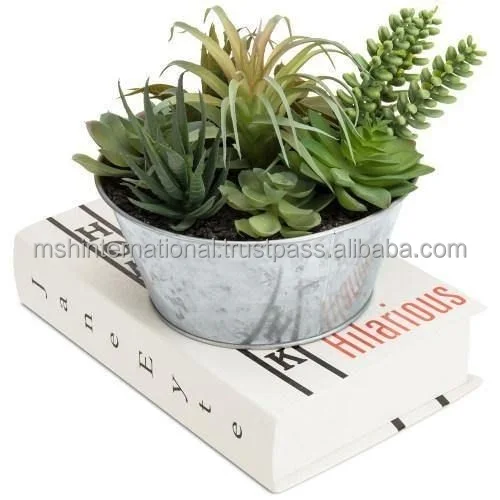 Artificial succulent arrangement with galvanized metal planter this rustic planter faux succulent arrangement makes it easy to