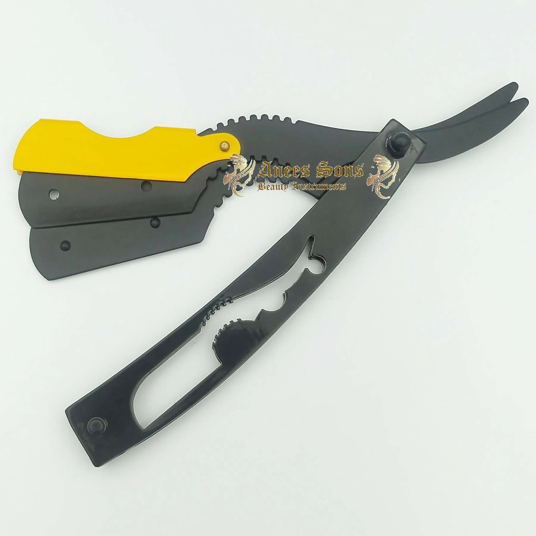 Yellow Swing Lock And Black Coated Stainless Steel Barber Straight Edge Razor For Wet Shaving