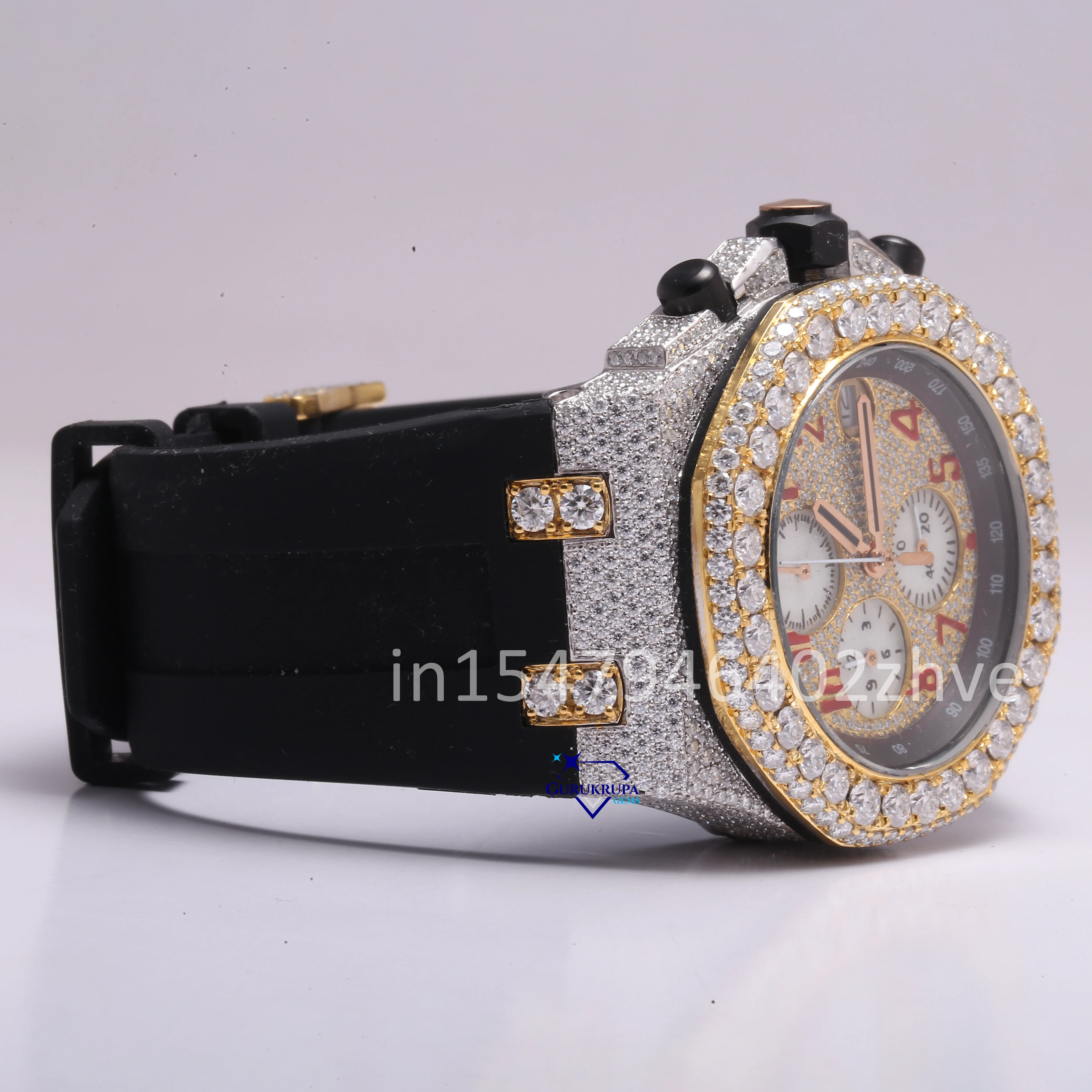 Customized mens luxury hip hop watch half iced out in moissanite diamonds with vvs clarity style in black rubber belt