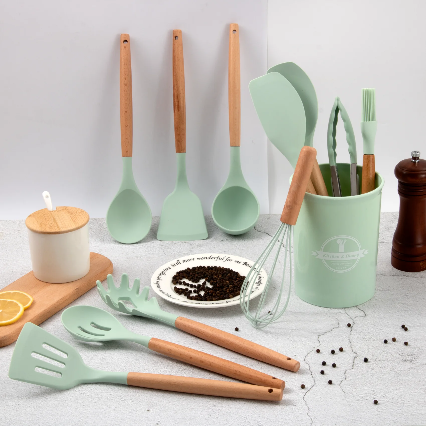 Factory Wholesale 12 Pieces Silicone Kitchen Accessories Cooking Tools Kitchen Spatula Utensils Sets with Wooden Handle