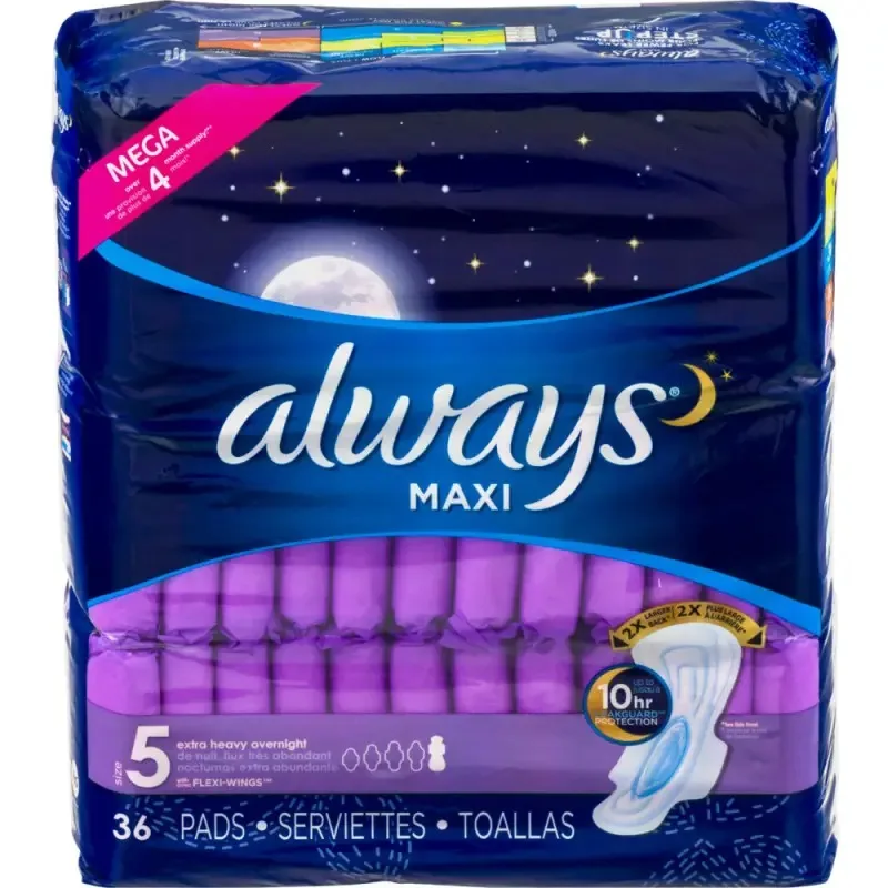 Always Maxi Overnight Pads with Wings, Size 5, Extra Heavy Overnight, 36 Ct
