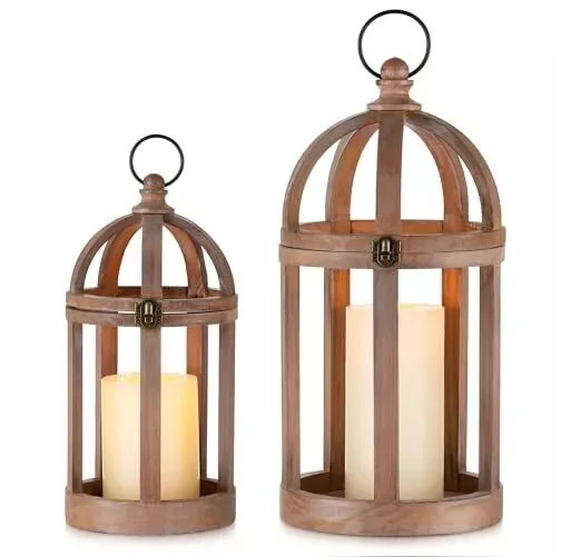 Farmhouse Lantern Decor Set of 2 Indoor Rustic Wooden Lanterns Brown for Table Centerpiece Fireplace Mantle For Metal Overseas