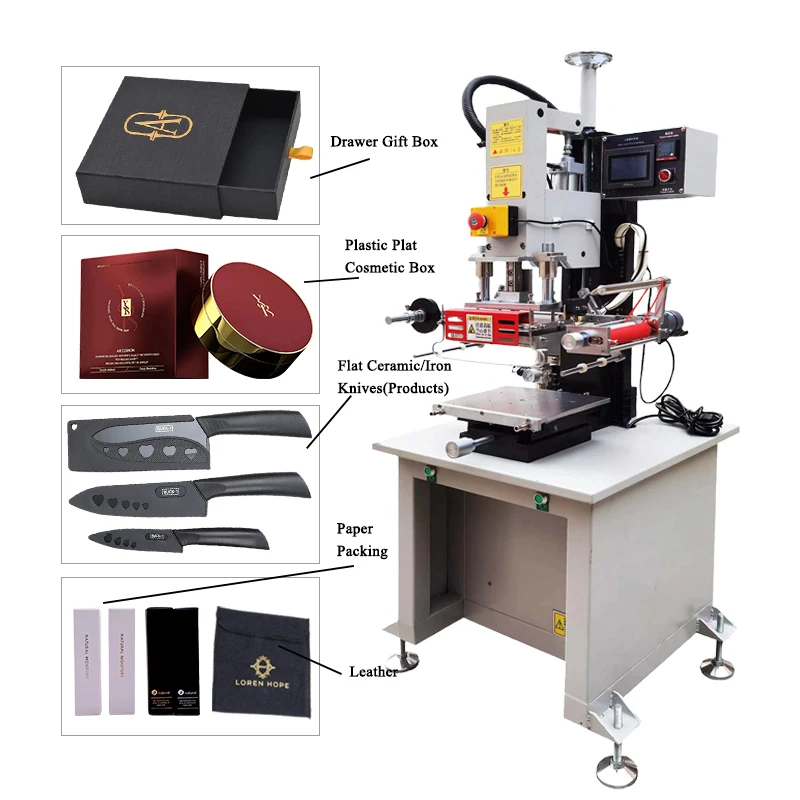 Flat business cards, leather, cosmetic bottles, bottle cap, knives, gift boxes and paper bags  hot foil stamping machine