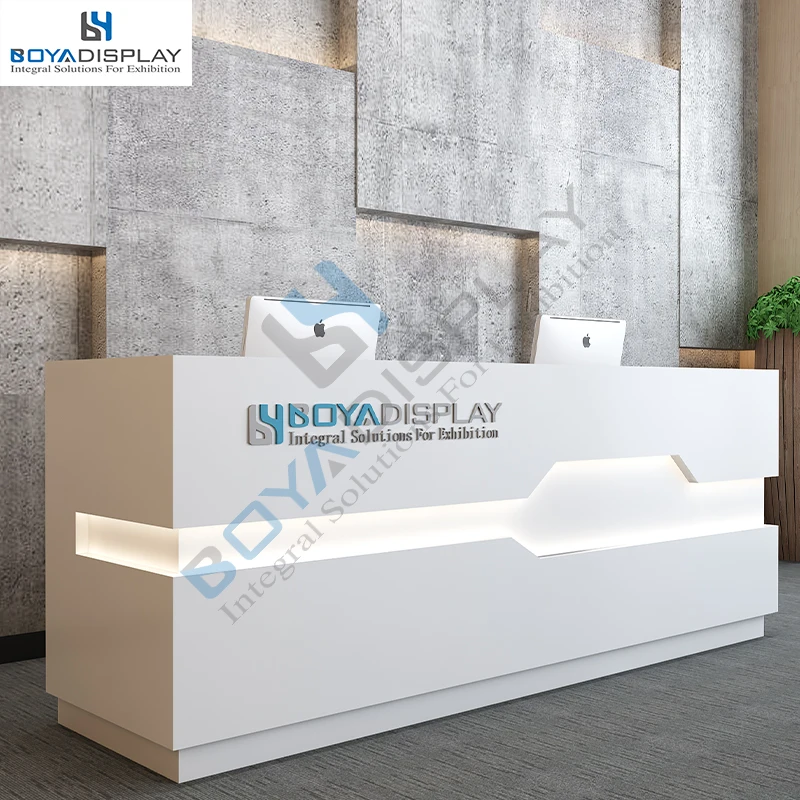 Custom White Glossy Acrylic Solid Surface Front Led Light Reception Desk Salon Front Desk
