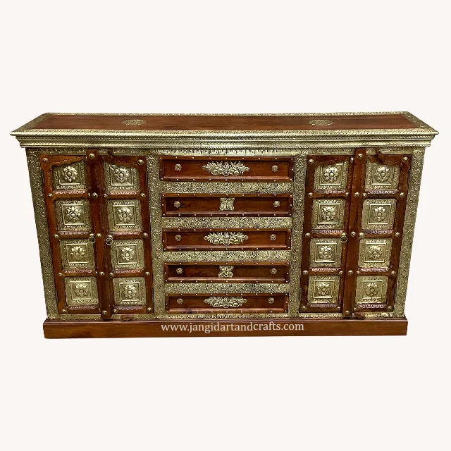 Vintage Brass Fitted Furniture Wooden Buffet Corner Cabinet for Storage Kitchen Sideboard Buffet Cabinet by Jangid Art & Craft