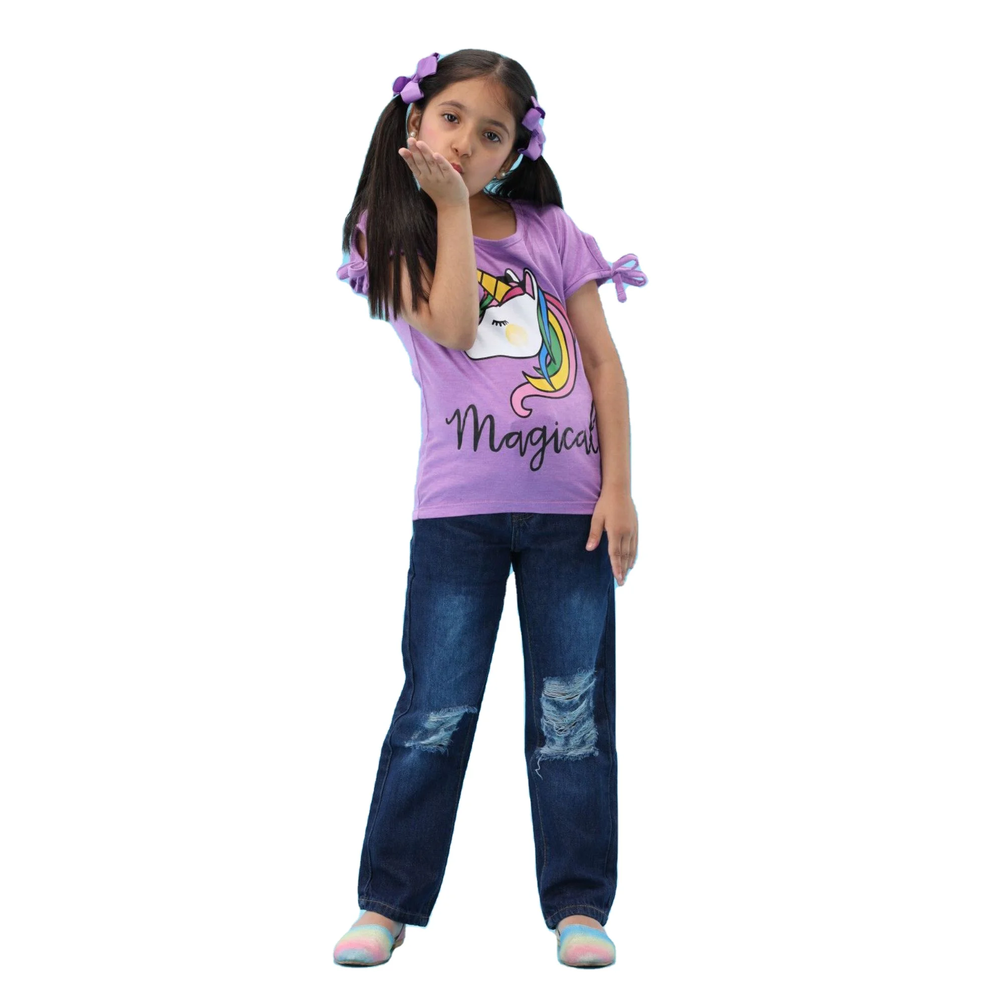 Custom Graphic 100% Knitted Pure Combed Cotton Fabric Regular Length Cap Sleeves Light Purple T-Shirt for Girls