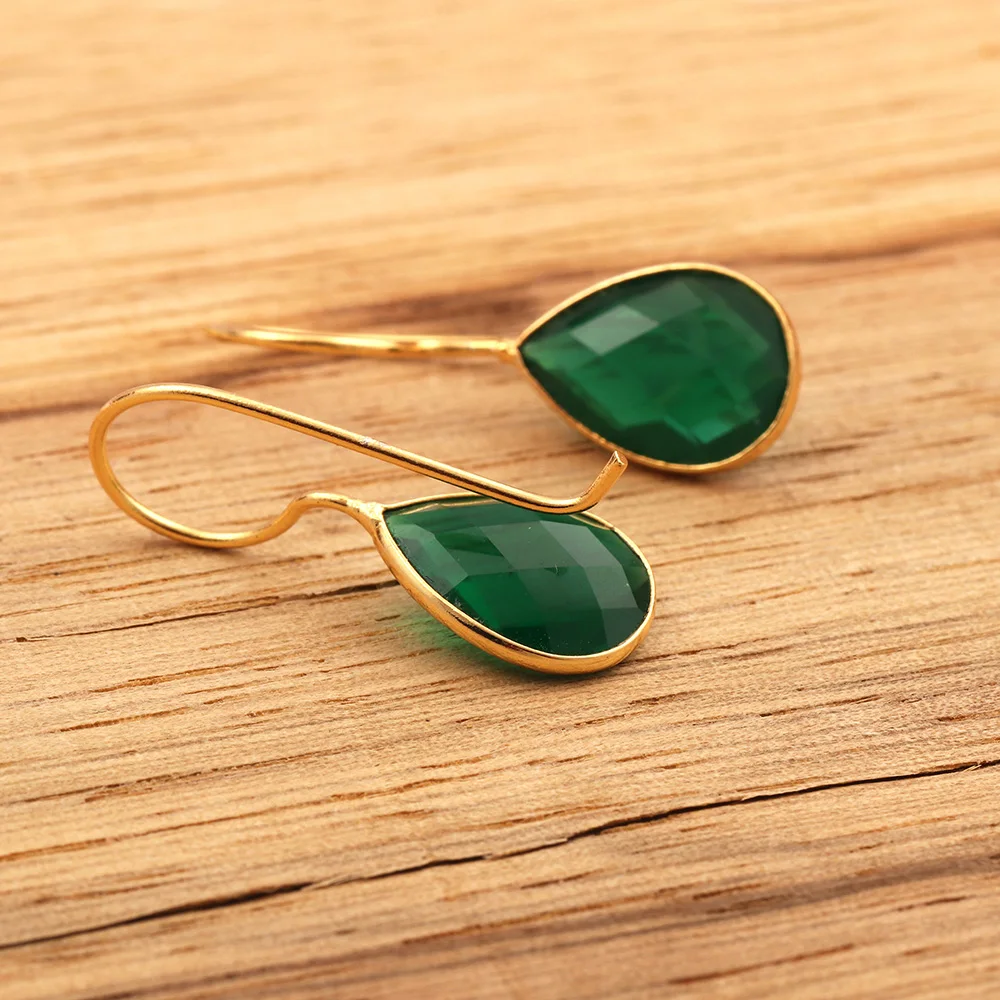 Emerald Prong Setting Pear Shape Stones Dangling Earrings Gold Plated Brass Pear Charms Stud Earrings  Jewelry Mode Joyas E-1494