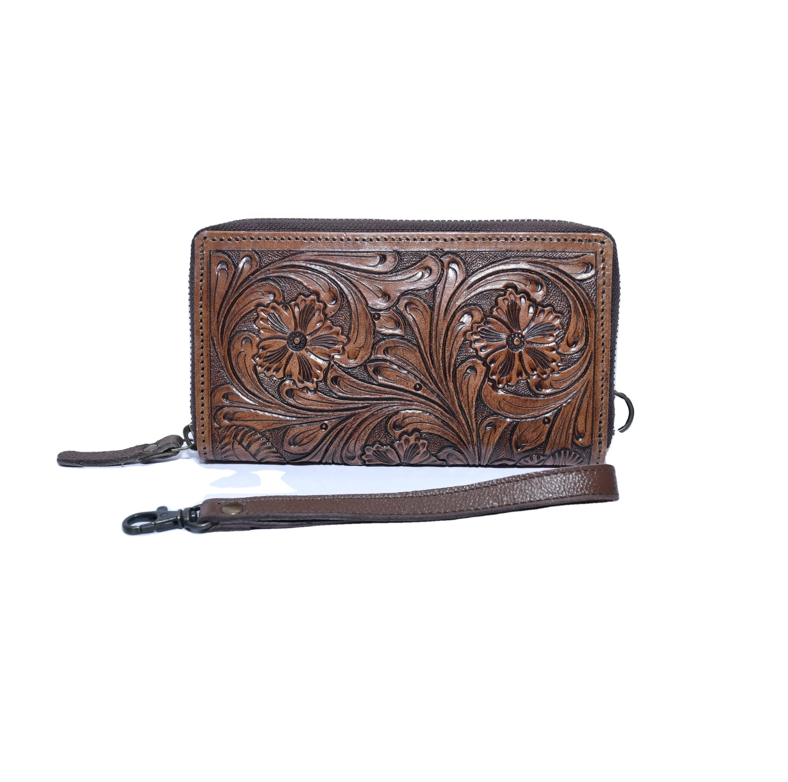 New Arrival Top Trendy Hand Tooled Small Credit Card Wallet Accessories With Zipper Closure By Rodeo International