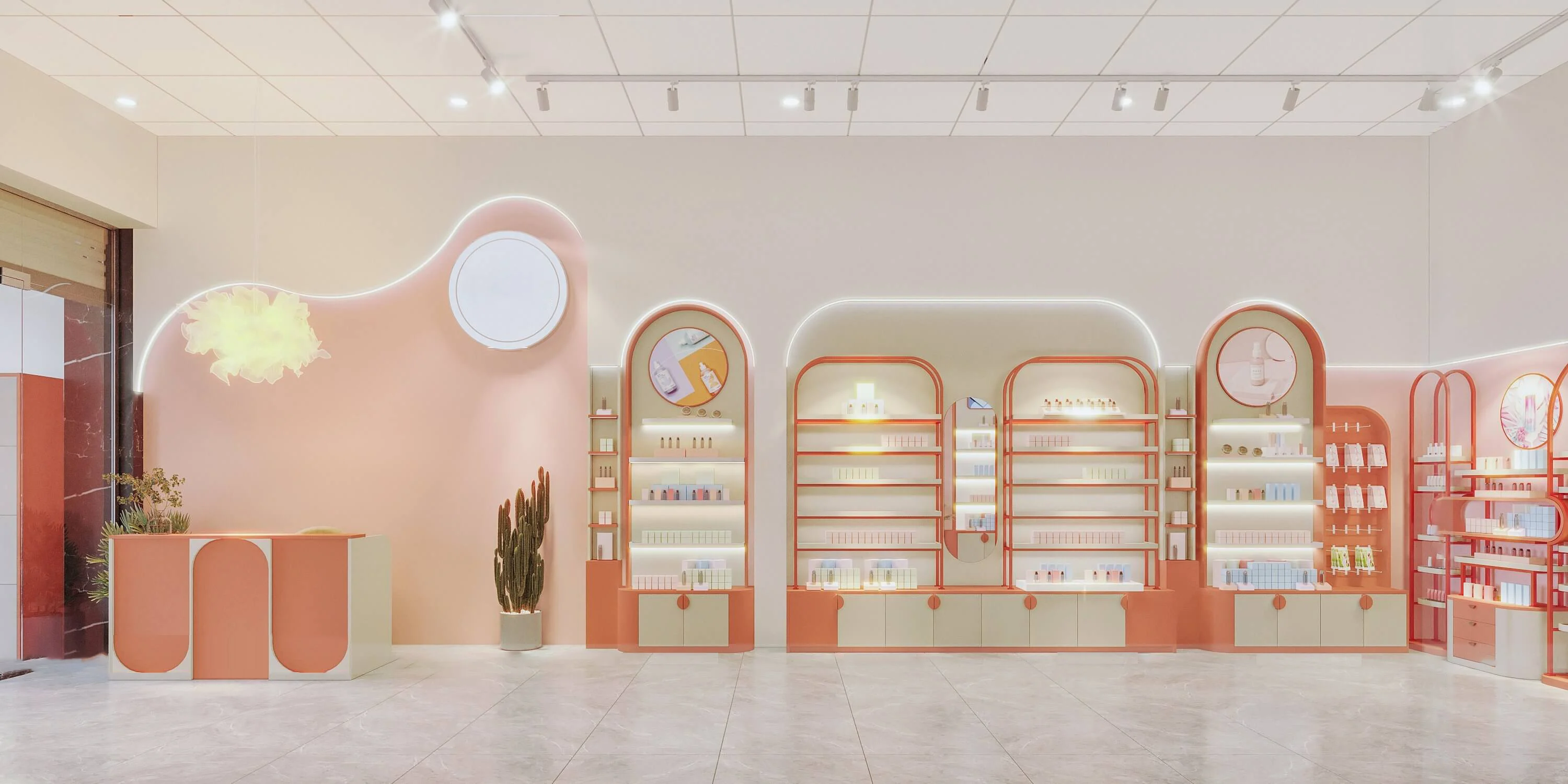 Заводская витрина изготовленная на заказ розового магазина дизайн интерьера под идеи декорирования косметический витринный шкаф магазин