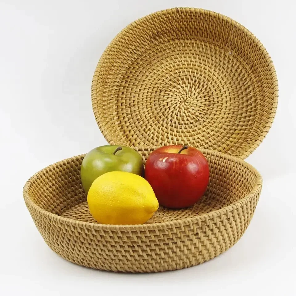 Bread Fruit Food Snack Breakfast Tray Bowl Display Hand Woven Rattan Round Picnic Storage Baskets & Decoration Made in Vietnam