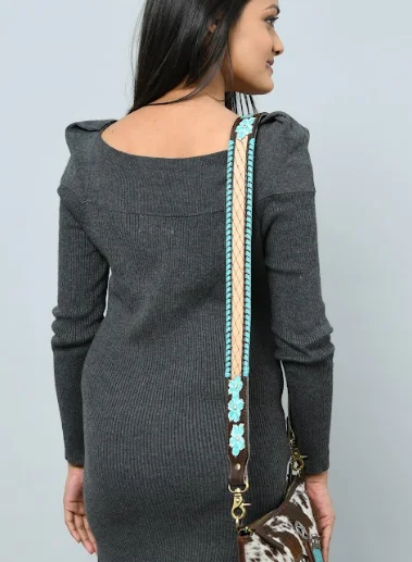 Real Cow Leather Antic Brass Hard Ware Leather Purses Straps Handles Leather Straps for Bag  With Turquois braiding