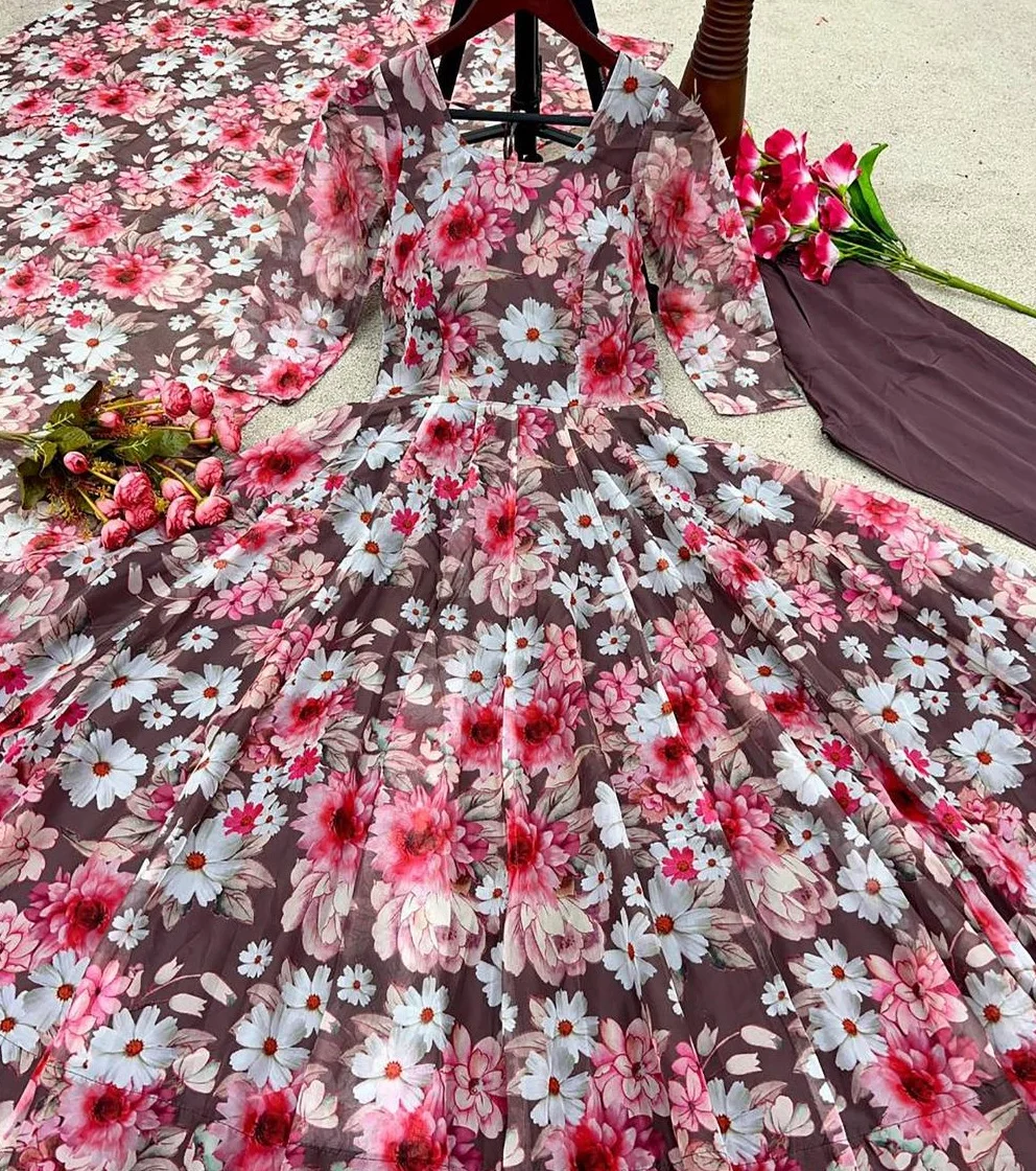 Hot Selling Party Wear Look Tabby Organza Silk With Digital Print Work Gown With Dupatta Indian Ethnic Wear Anarkali Dress