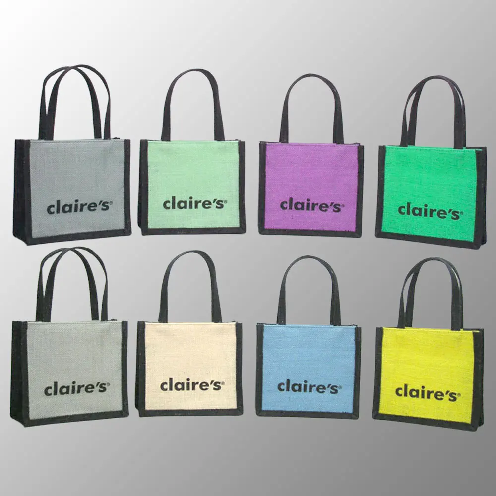 Colored Small Jute Cosmetic Bag With Short Self Handles Customized with your 1 color logo print for free