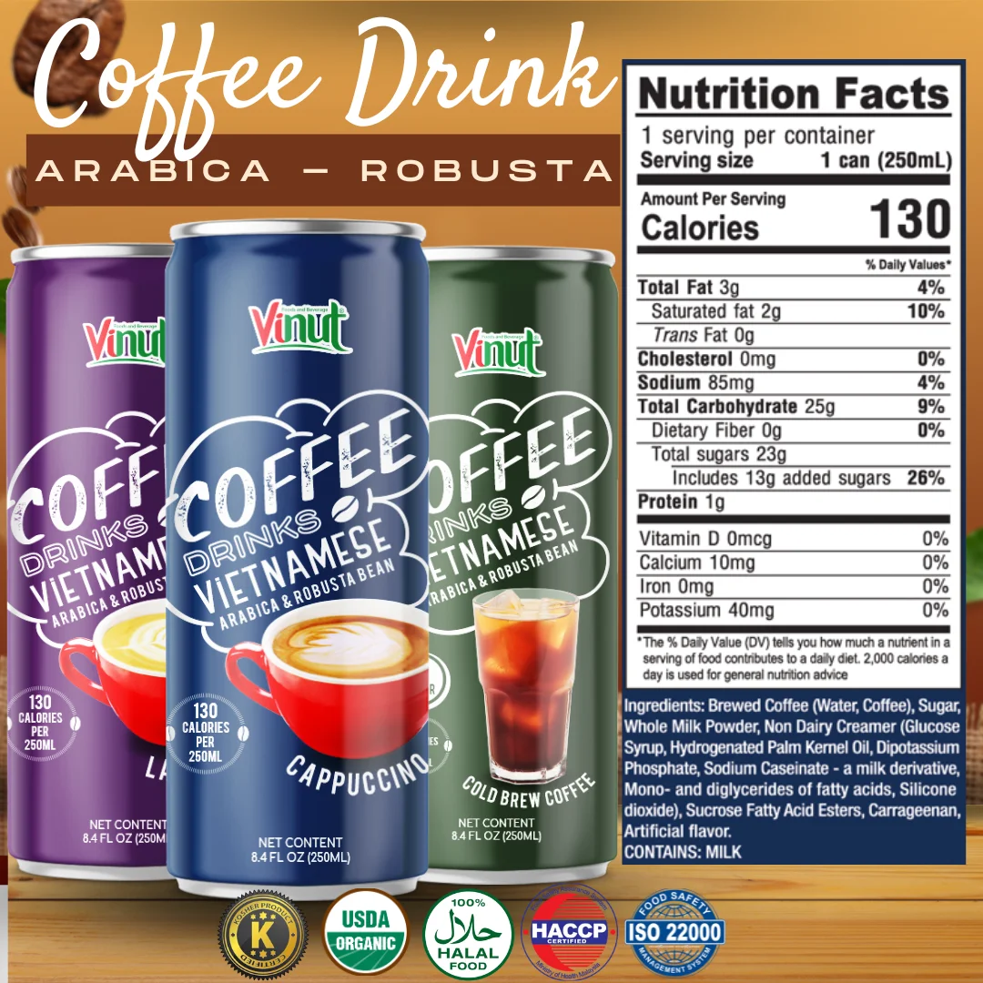 Wholesale Best Price Coffee Drink 250ml Arabica & Robusta Vietnam VINUT | Mocha Latte Cappuccino Iced, Free Sample, Free Design