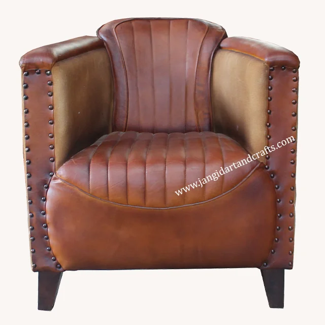Home Living Room Furniture Manufacturer and Supplier India Distressed Genuine Cow Leather Upholstered Seat and Head Lounge Sofa