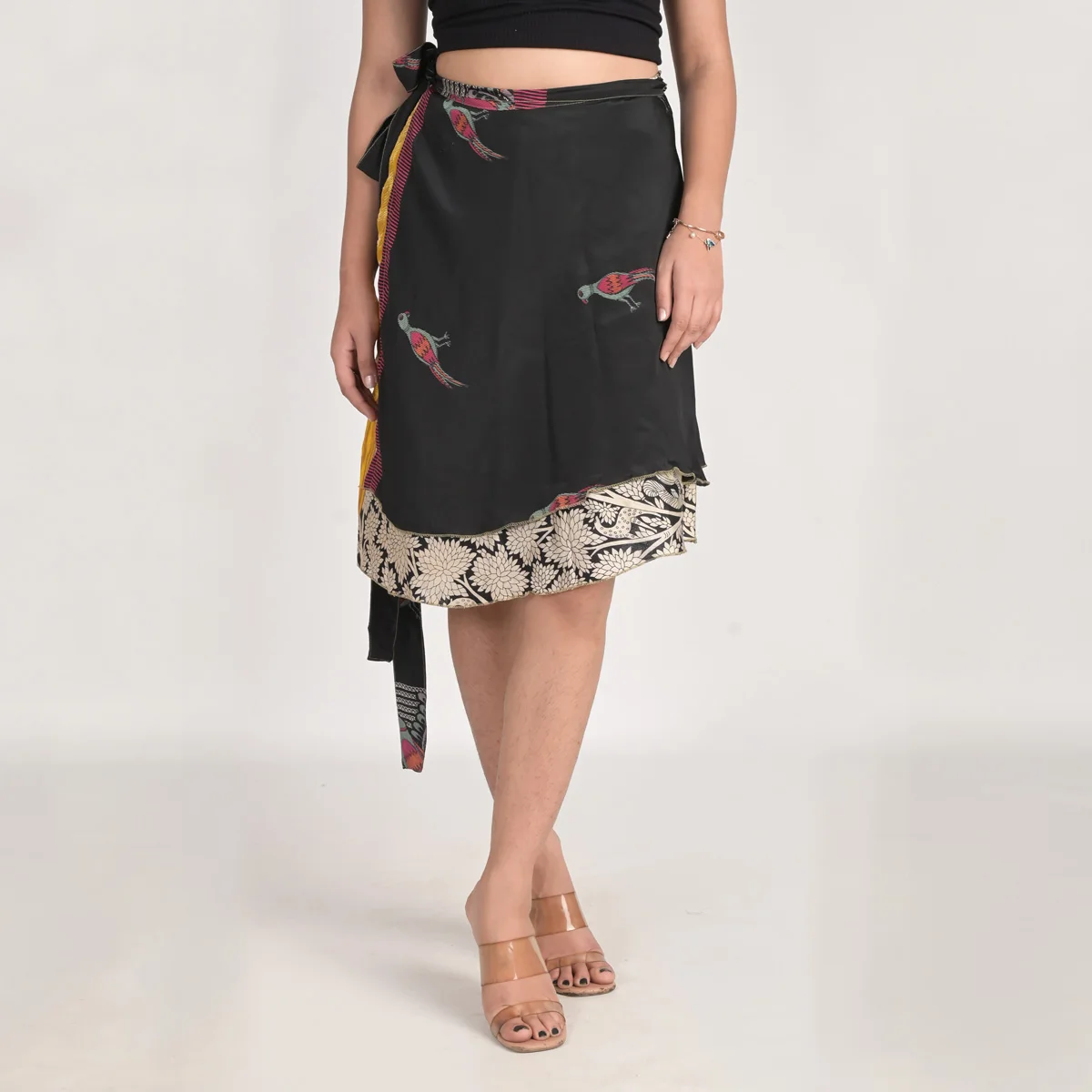Art Silk Sari Two Layer Boho Plus Size Knee Length Magic Wrap Around Skirt