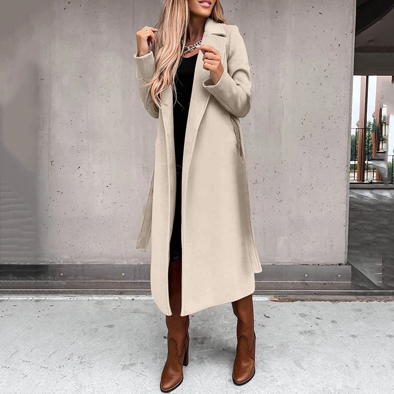 Custom Windproof Classic Lapel Winter Coats Wool Long Trench Coat Women with Belt