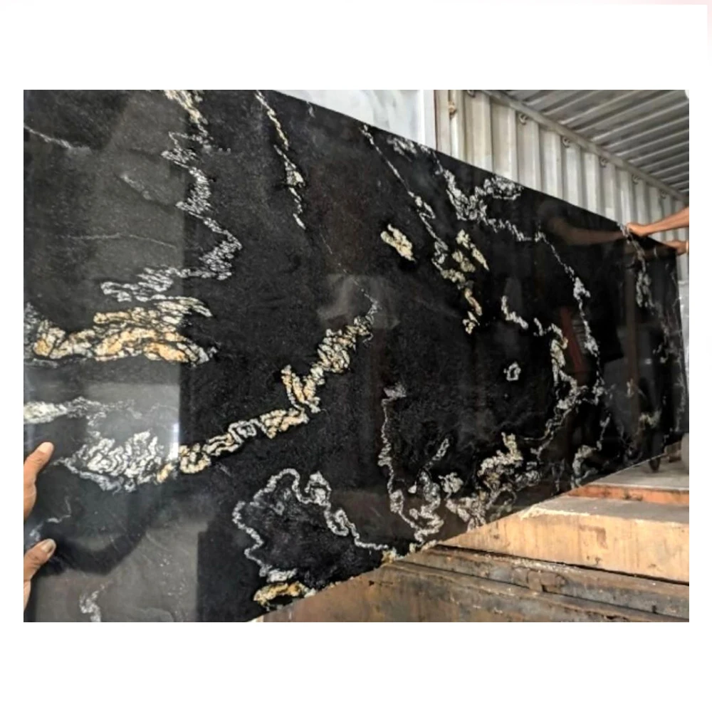 Modern Natural Stone Big Slab Granite Tile Polished Indian Black Star Galaxy Granite Slabs for Kitchen Countertop and Stairs