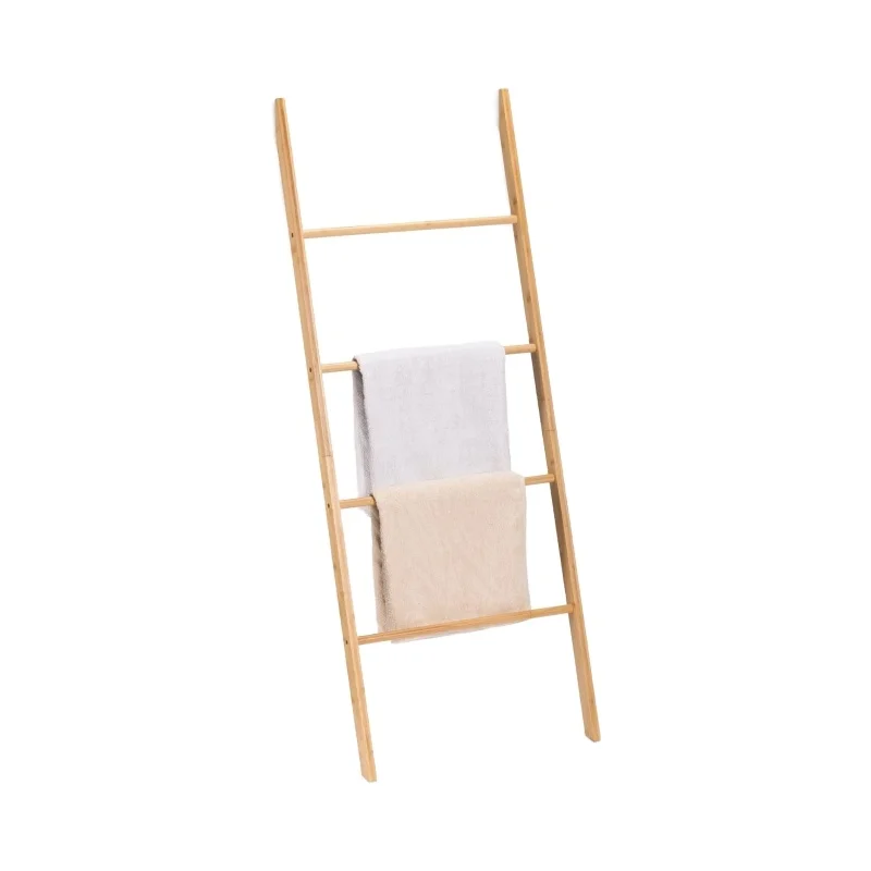 Bamboo Towel Ladder - Wood Rack for Towels, Clothes, Blankets - Wall Leaning Rack for Bathroom - 4-Tier Towel Holder Stand