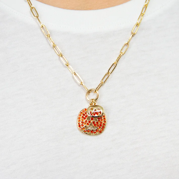 Halloween Evil Pumpkin 18K Gold Plated Necklace Jewelry Set for Men and Women