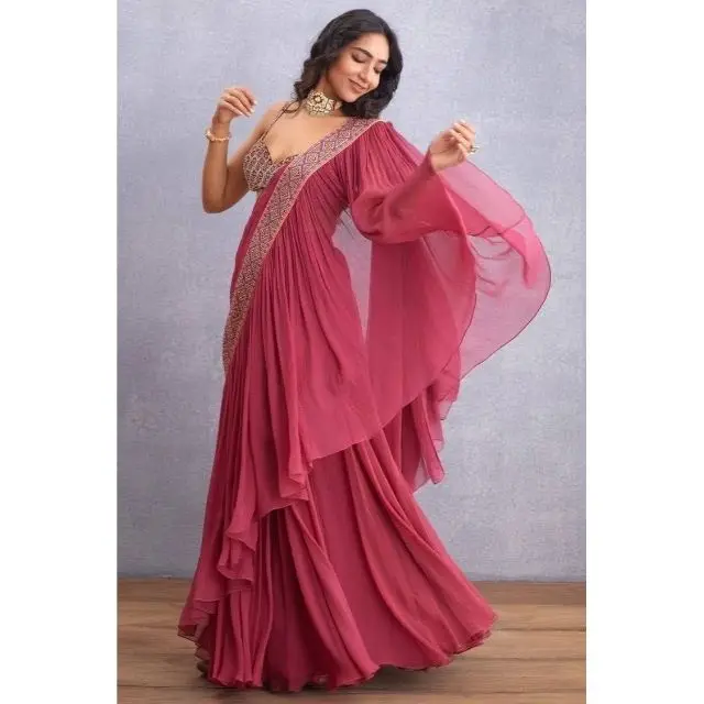 Свадебная и вечерняя одежда, новейший современный стиль, искусственный жоржет, готовый к ношению сари, женская мода, оптовая продажа из Индии