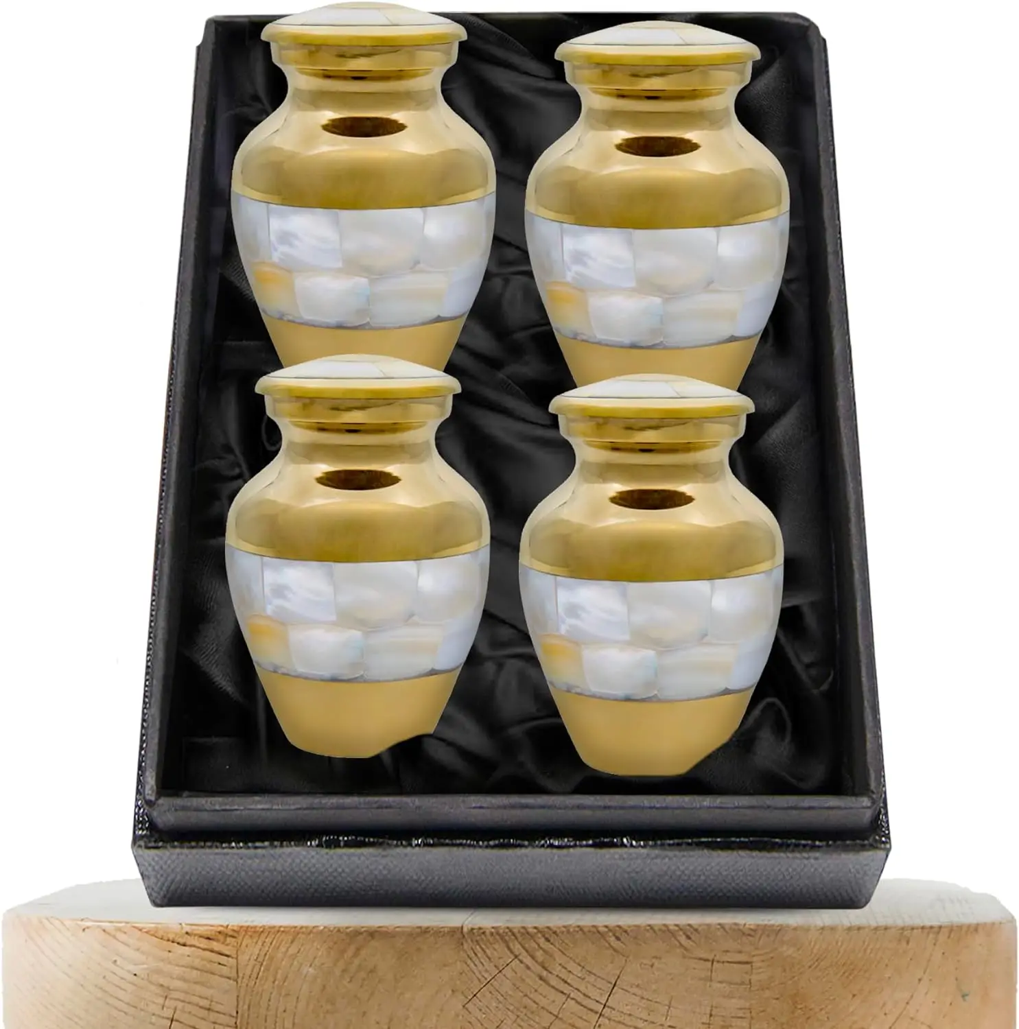 Brass Keepsake Cremation Urn for Small Ashes,Mother of Pearl Set of 4 Token Urns Set with Black Box