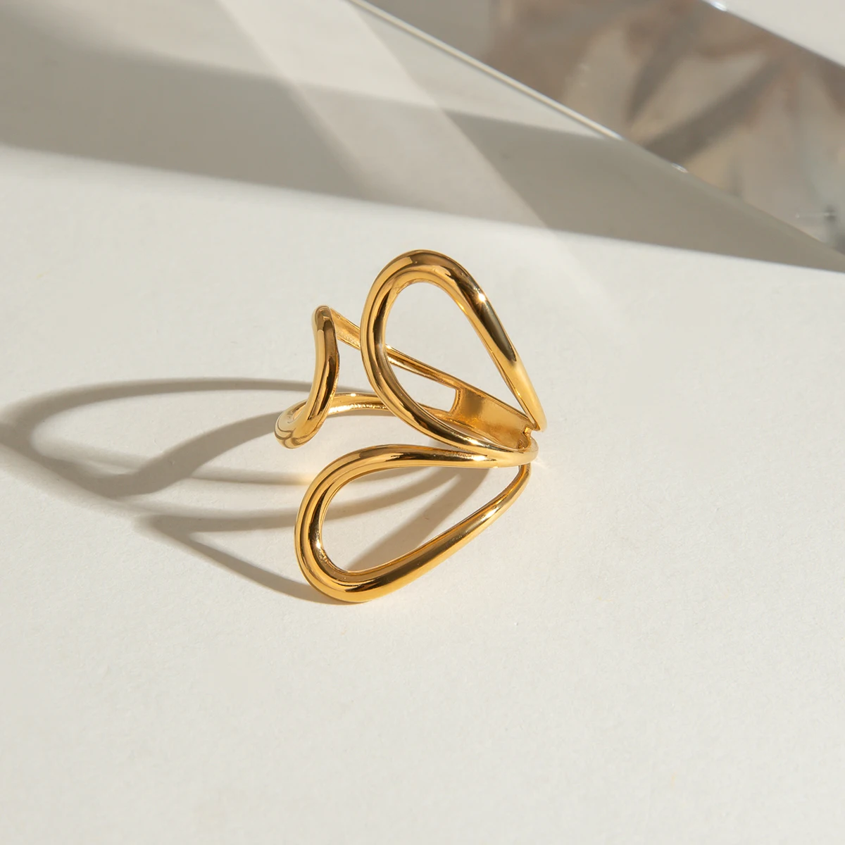 J&D 18k Gold Stainless Steel Adjustable Polished Abstract Line Open Ring Artistic Unique Linear Statement Jewelry