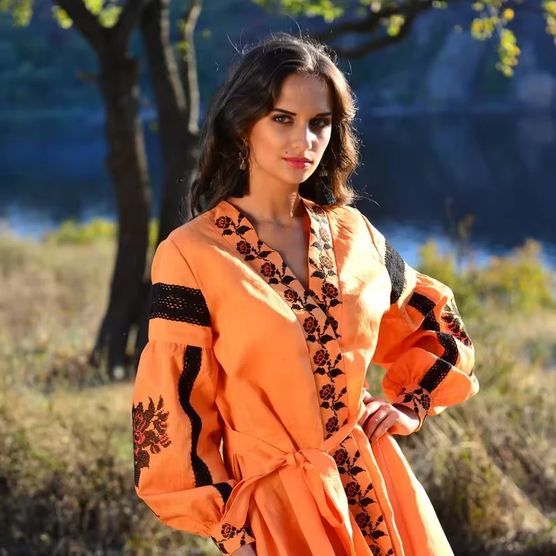 fashion boho chic dress with ukrainian embroidery embroidered linen kaftan bohemian gown plus size Linen dress