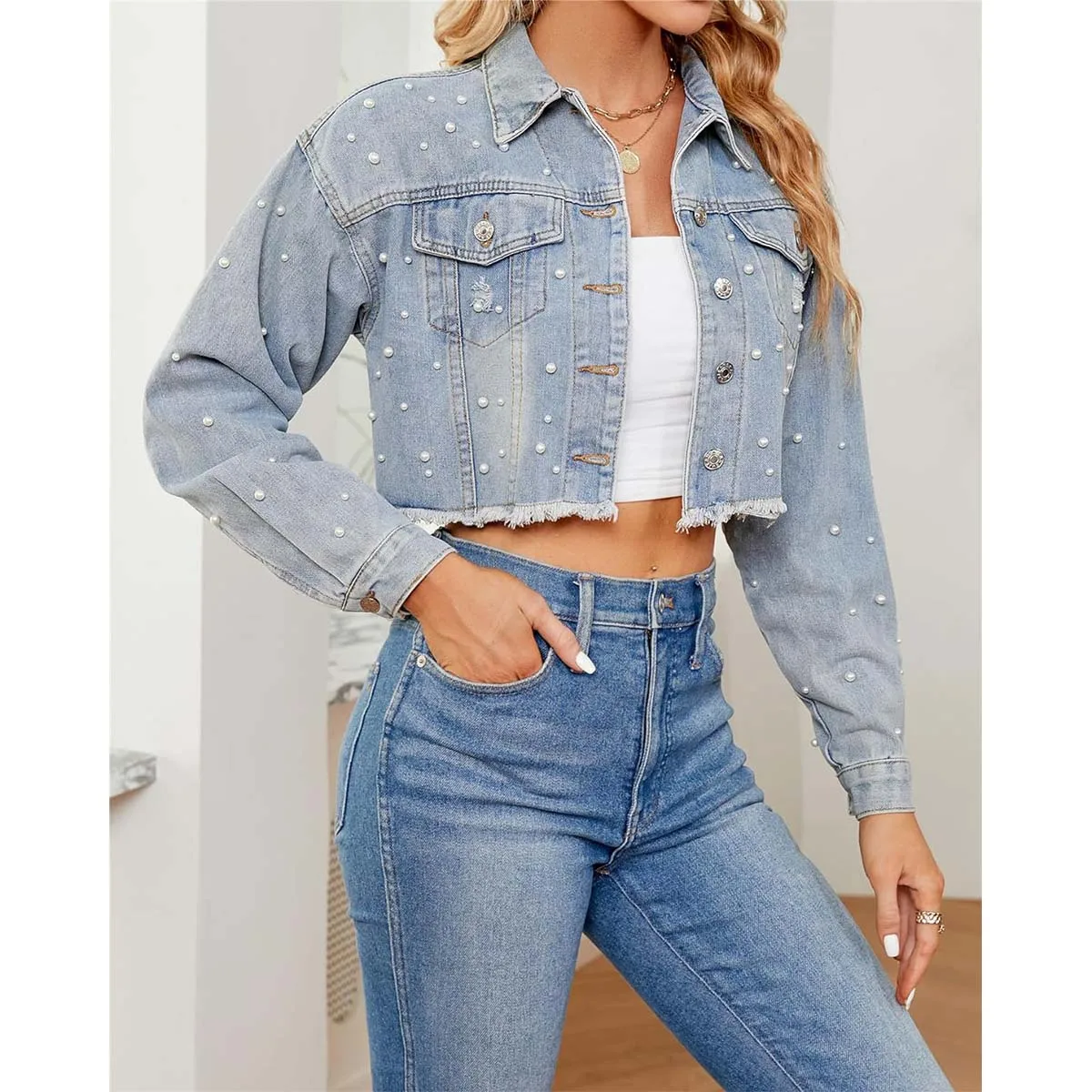 Women Cropped Rhinestones breathable Denim Jacket Long Sleeve Distressed Pearl Jean Jacket Coats