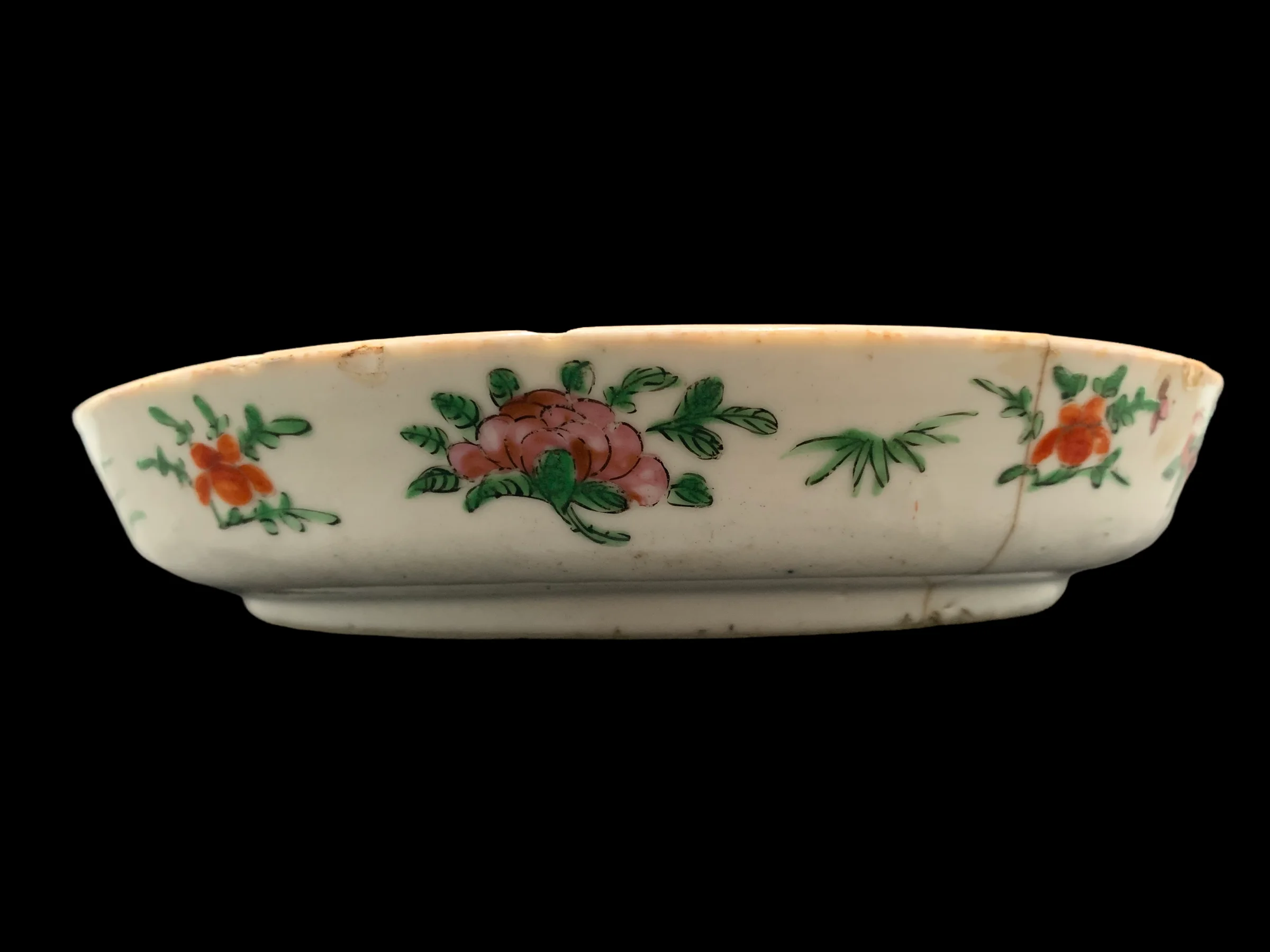 Antique Polychrome Porcelain Tea pot Tray Painted With A Theppanom In The Centre By A Floral Design On A Orange Ground