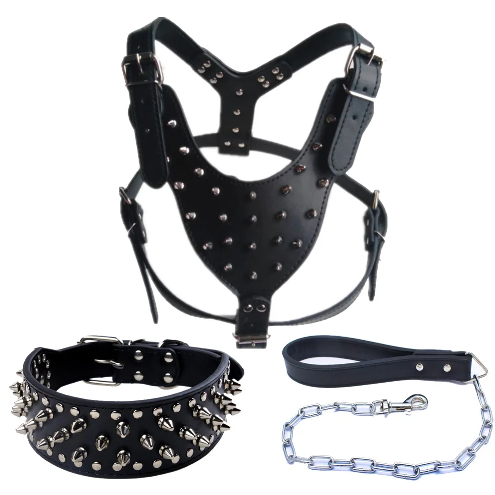 Luxury PU Harness Leather Dog Collar with Rivet Studded Dog Spikes Harness Leash Set Pets Stocked Solid Rivet Dog Walk Walking
