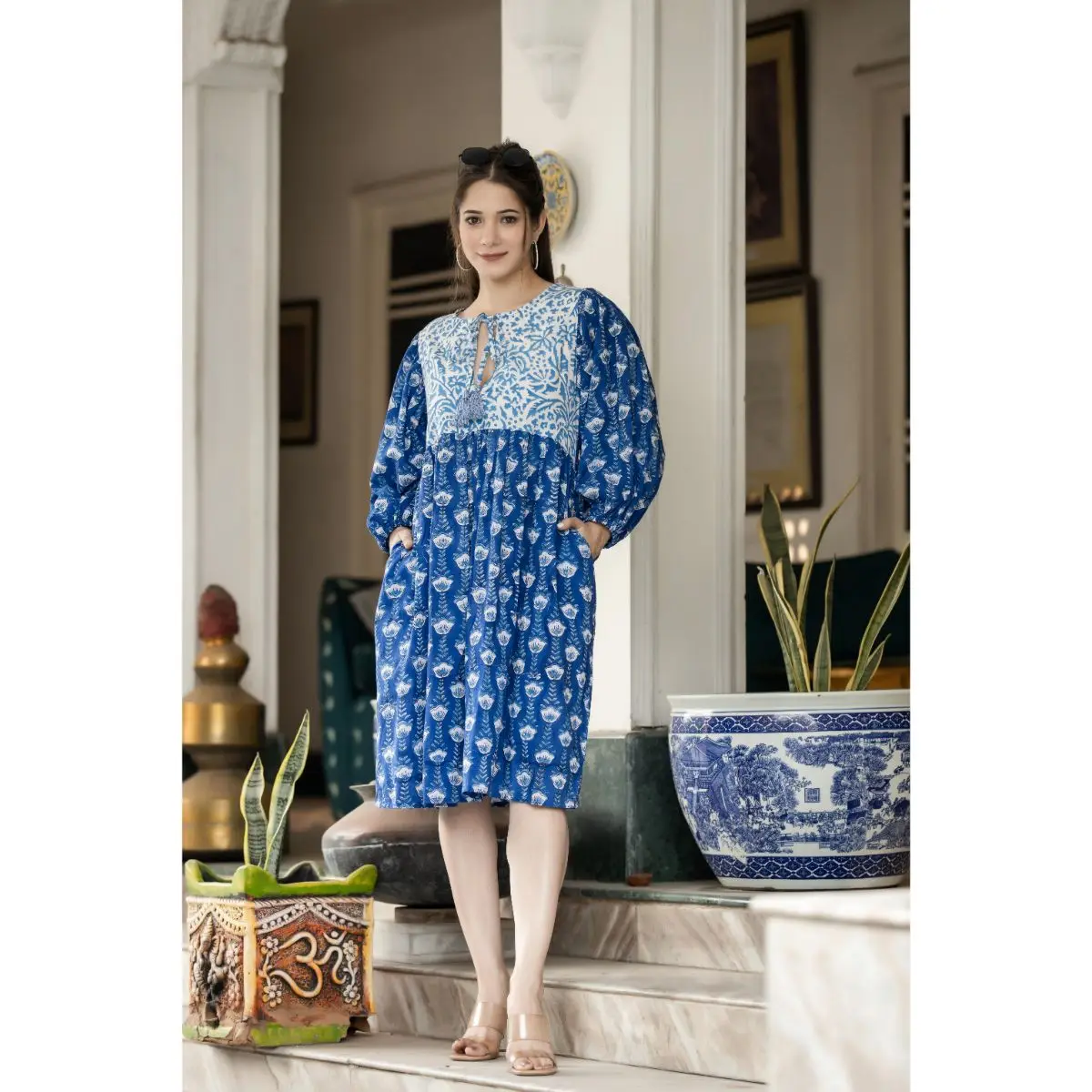 Blue And White Hand Block Printed Beautiful Cotton Women Dress Floral Beach Wear Light Weight Dress