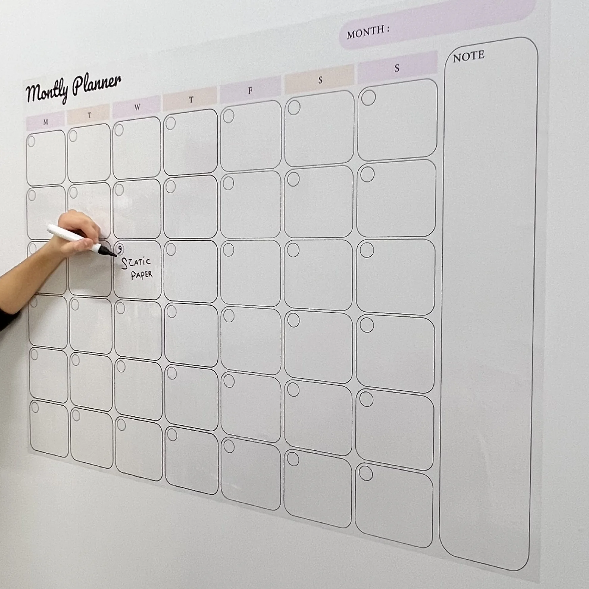 Dry Erase Monthly Planner Organizer Model-1  Reusable Durable Polystyrene Material Holds The Surface With Static Electricity
