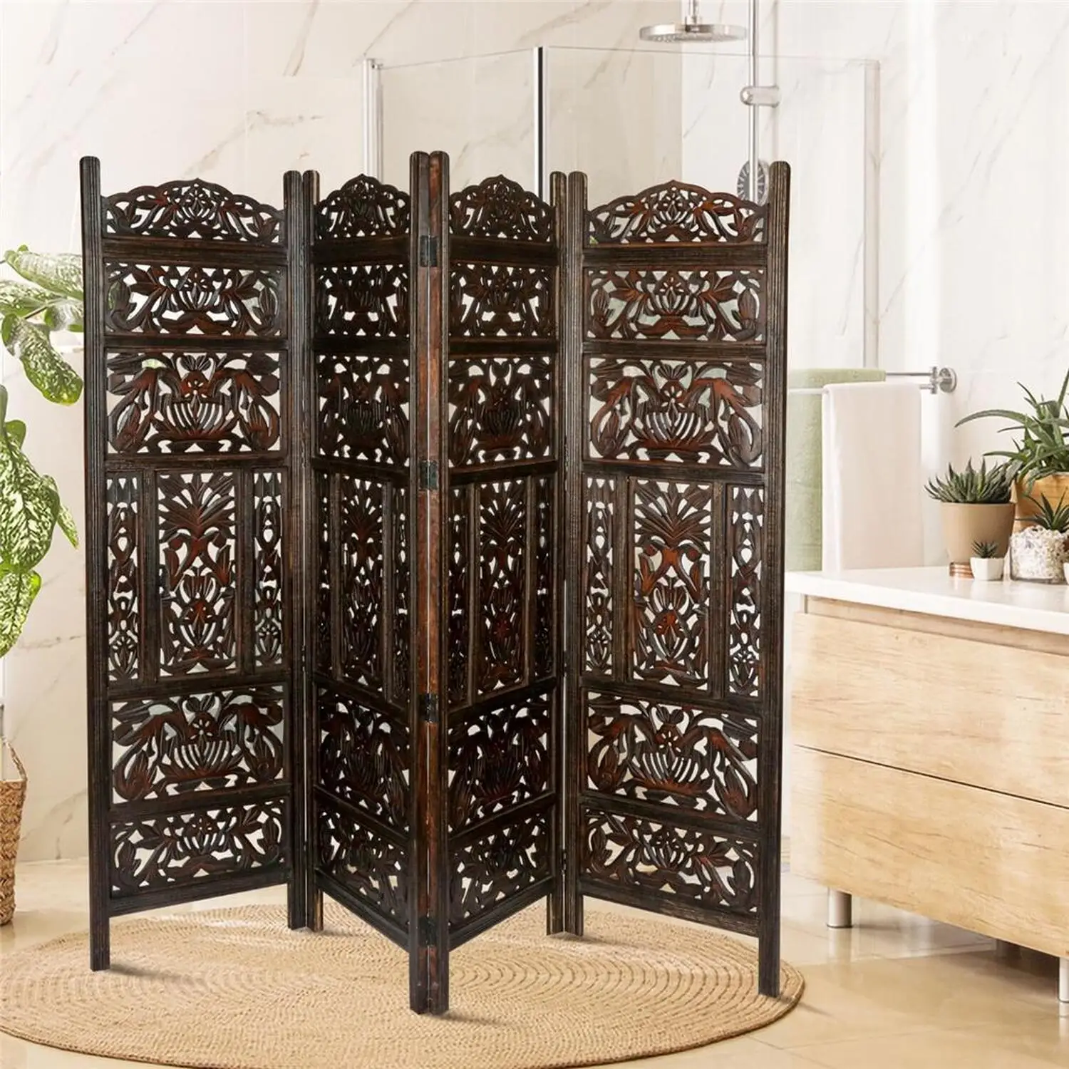Natural 4 Panel Heavy Carved Wooden Room Divider Solid Mango Wood Frame with MDF Leaf Carving Partition Screen for Home Decor