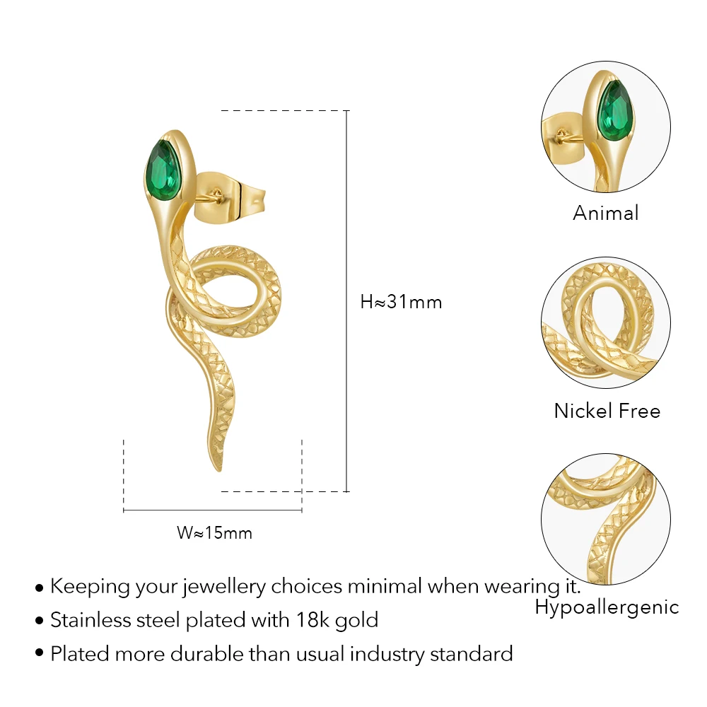 Latest 18K Gold Plated Stainless Steel Jewelry Green Zircon Twist Snake Shape Ear Stud Trendy For Women Earrings E231480