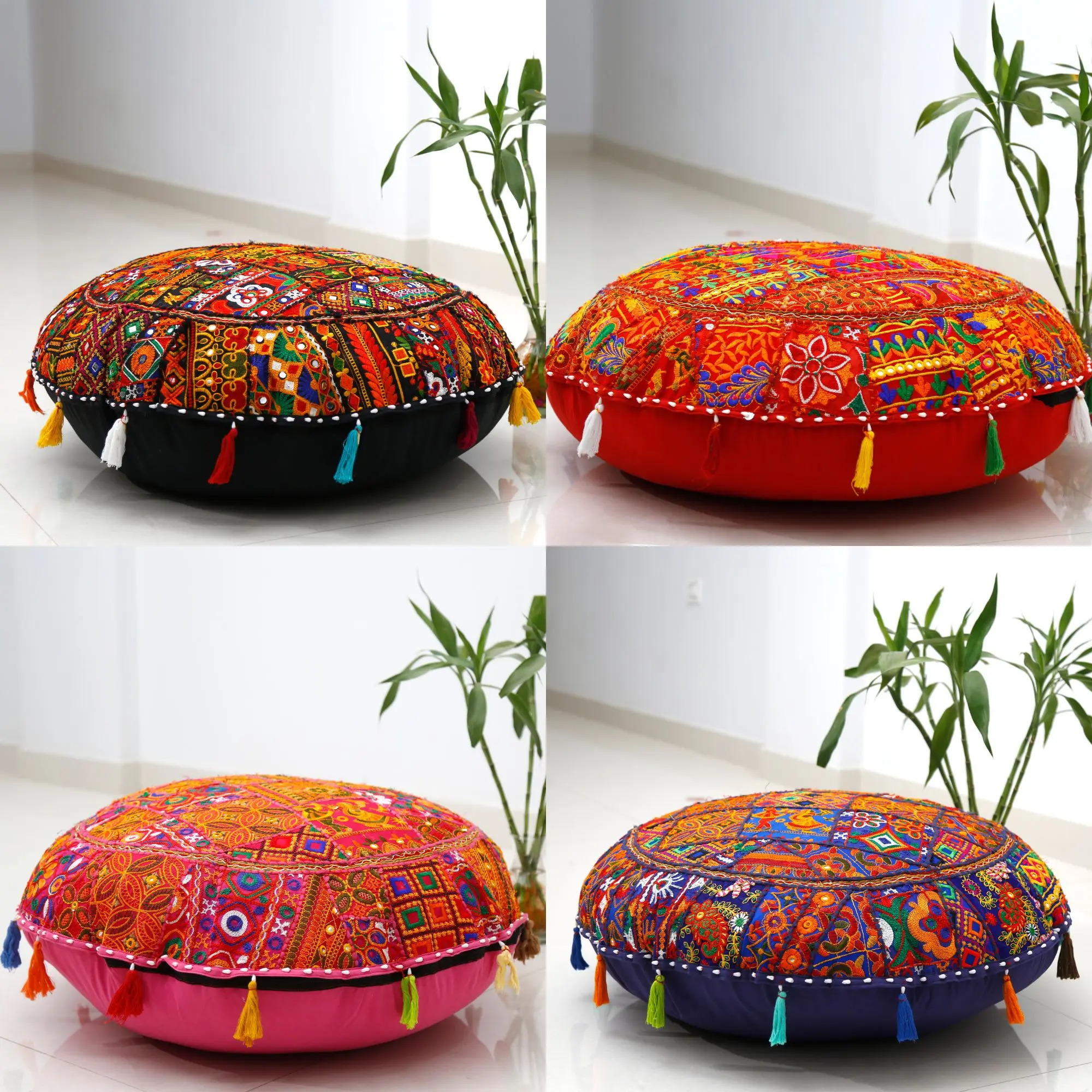 Handmade Decorative Floor Cushion Cover Patchwork Gujarati Round Cushion Party Decor Floor pillow Home Decor Khambadiya Cushion