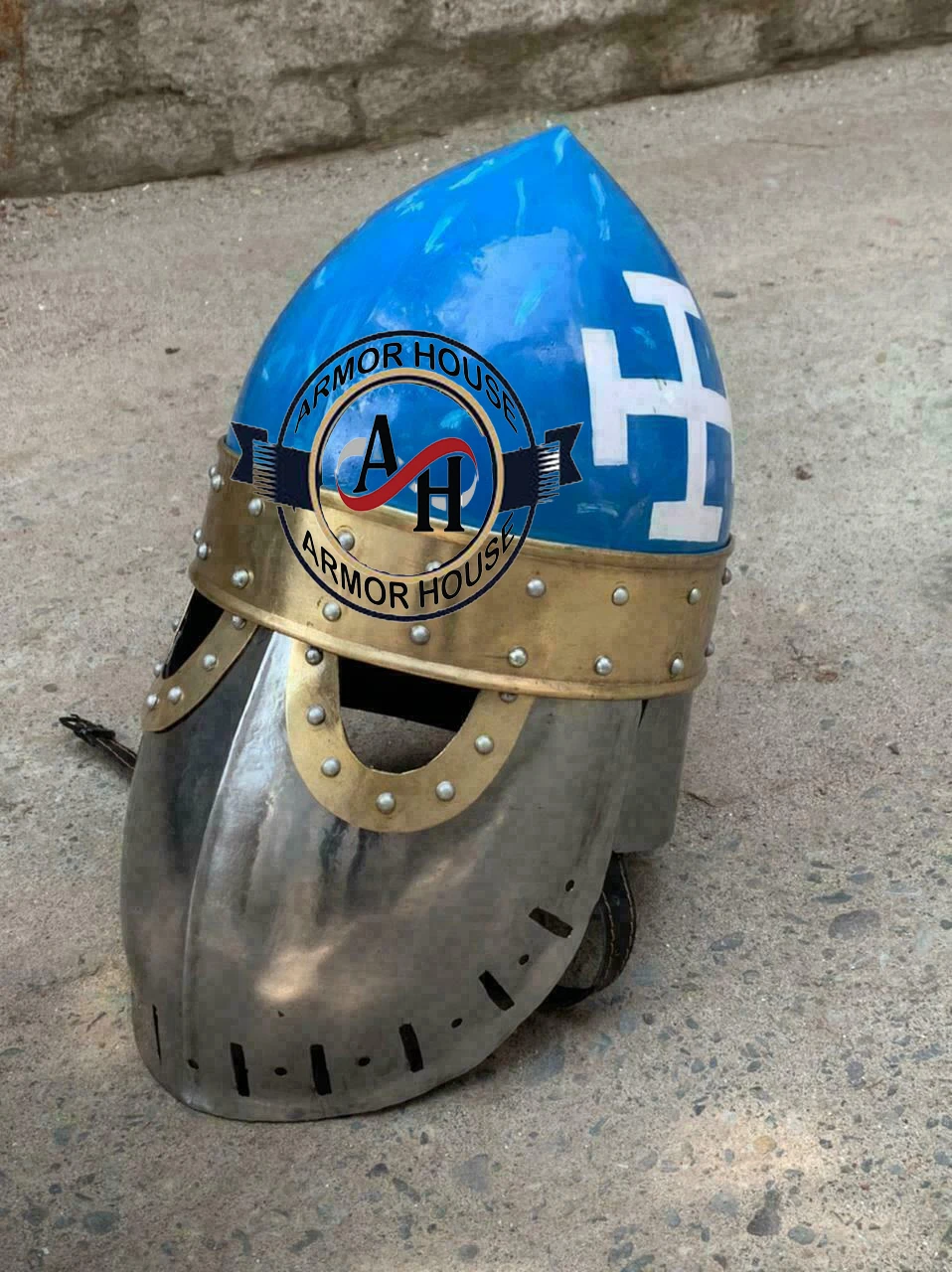 Medieval Sugarloaf  Helmet Armor 18 Gauge Steel Helmet Silver & Blue Polish with Halloween Costume Leather Liner Steel Helmet