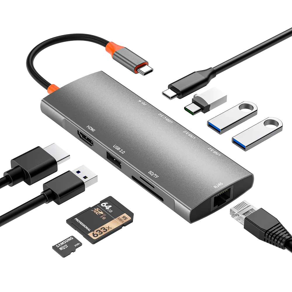 Multiport Aluminum 9 In 1 Usb-c Hub To Type C Pd Rj45 Ethernet Lan Adapter Sd Tf Card Reader Type C Hub Docking Station