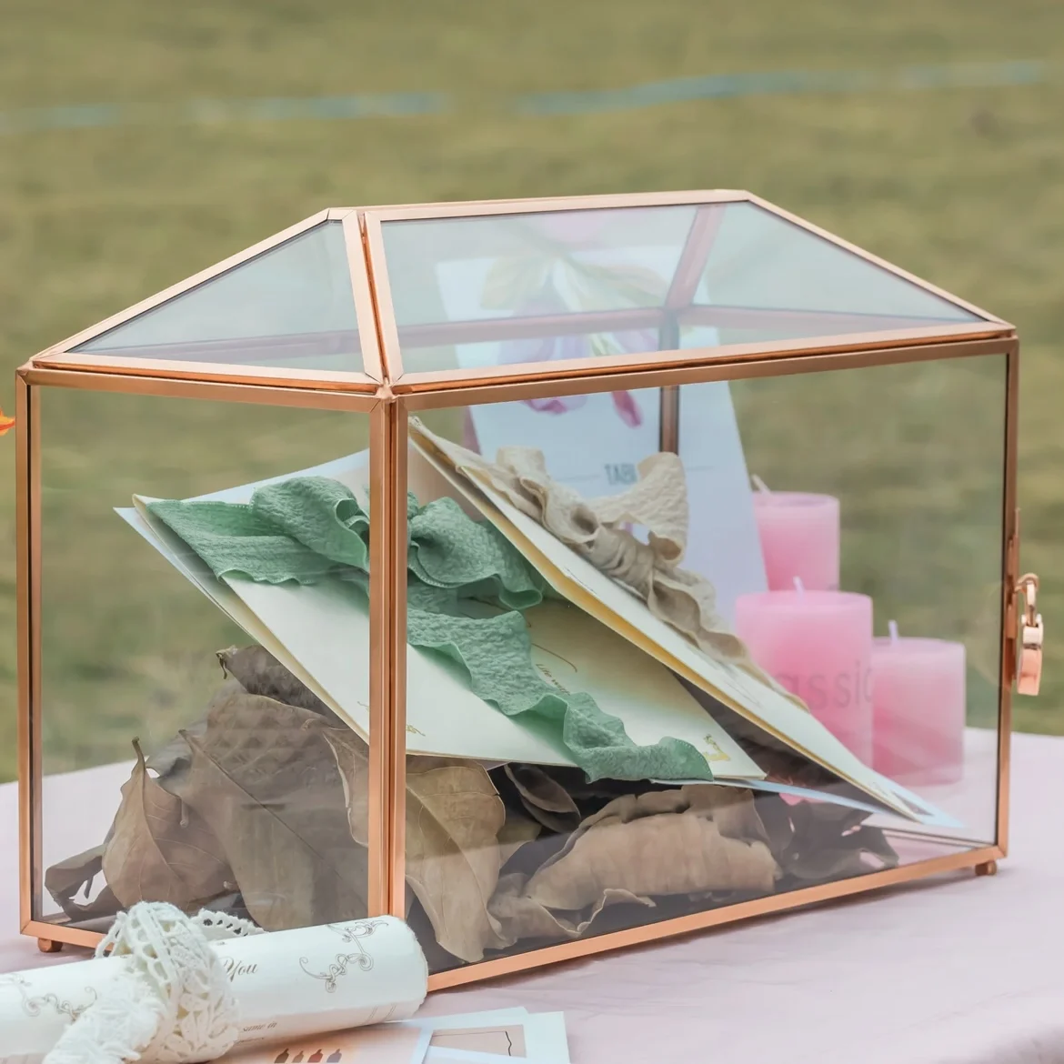 Modern Luxury Handmade Copper Frame Clear Glass Donation Box Terrarium for Weddings Birthdays Well Wishes Envelope Box
