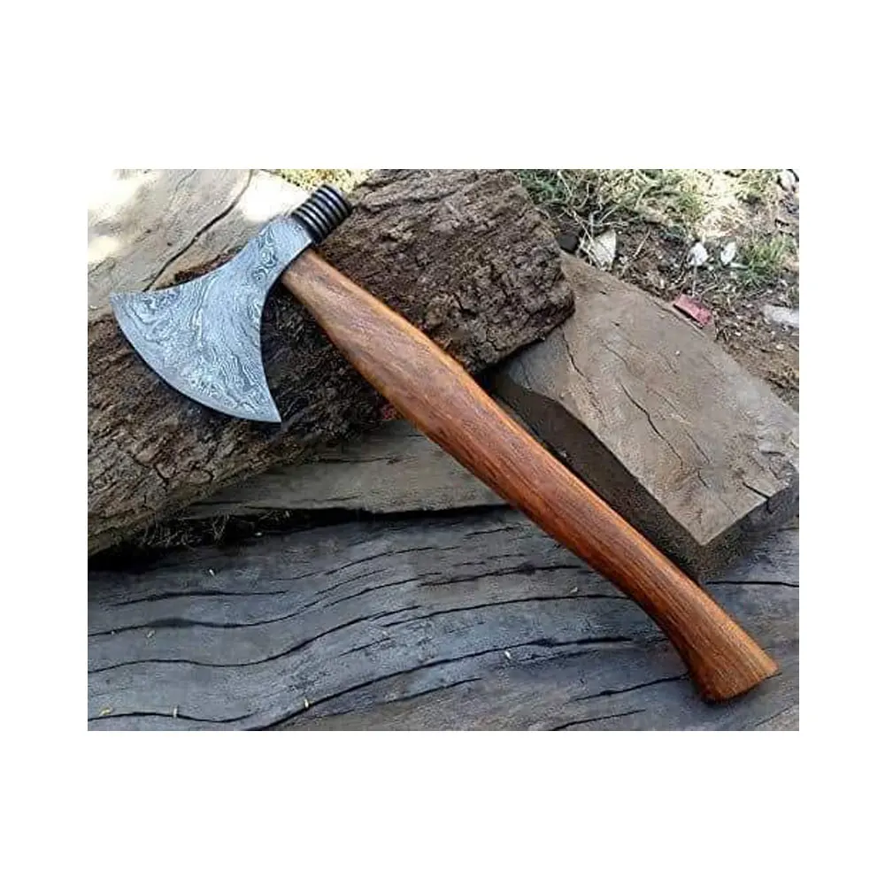 High Quality Damascus Steel Blade Camping Axe with Wood Handle Hand Forged Carbon Steel Axe Head Protected Cover Outdoor Cutting