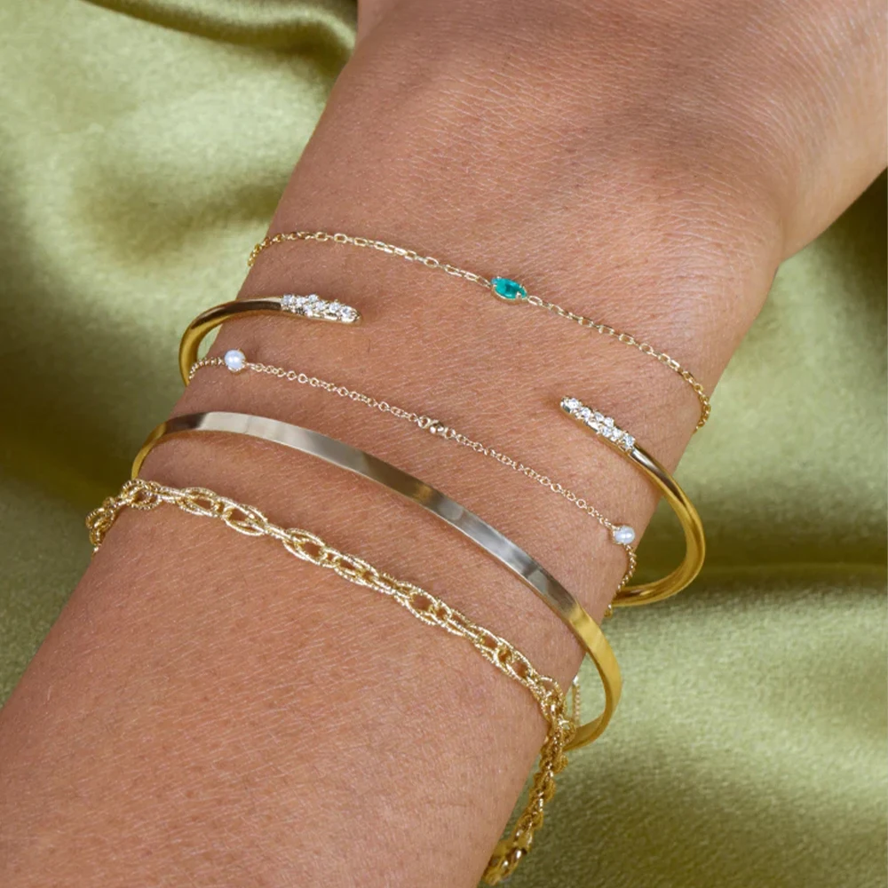 CANNER Simple S925 Sterling Silver Single Marquise Green Zircon Opal Stone Adjustable Bracelet For Women Jewelry 18K Gold