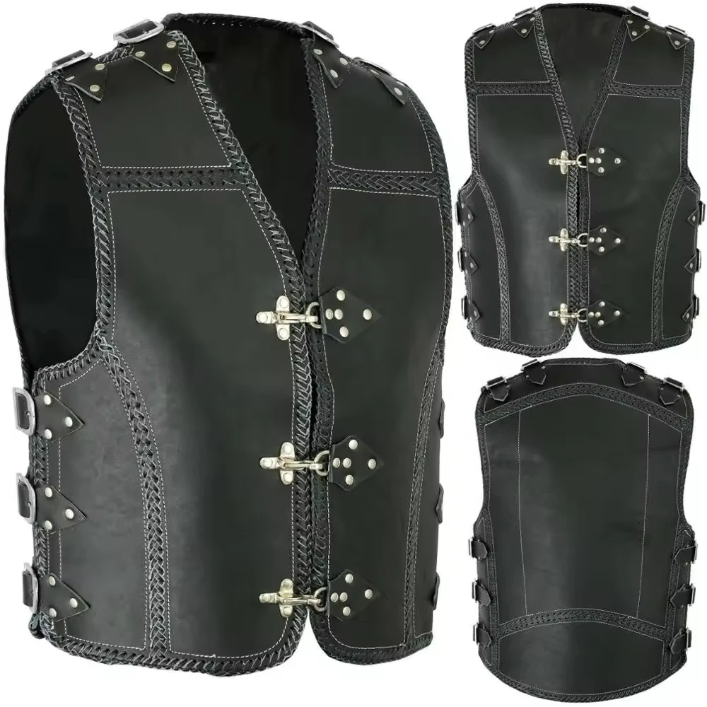 OEM Custom Design High Quality Embroidery Top Grade Thick Cowhide Leather Vest Fully lined with leather Motorbike Leather vests