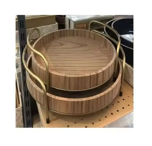 Set Of 2 Different Size Amazing Wooden Round Shape Great Kitchen Food Serving Tray Stand Modern Design Food Serving Tray