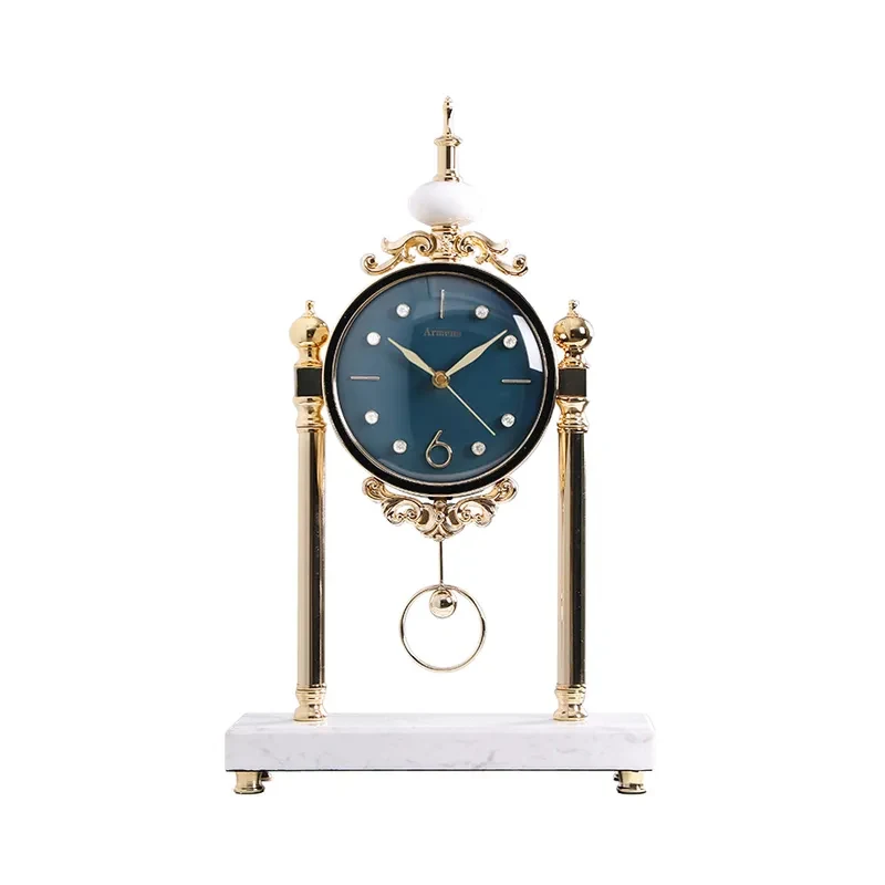 Japandi Traditional Metal Blue Round Mantel & Table Top Clock with Pendulum White Marble Base