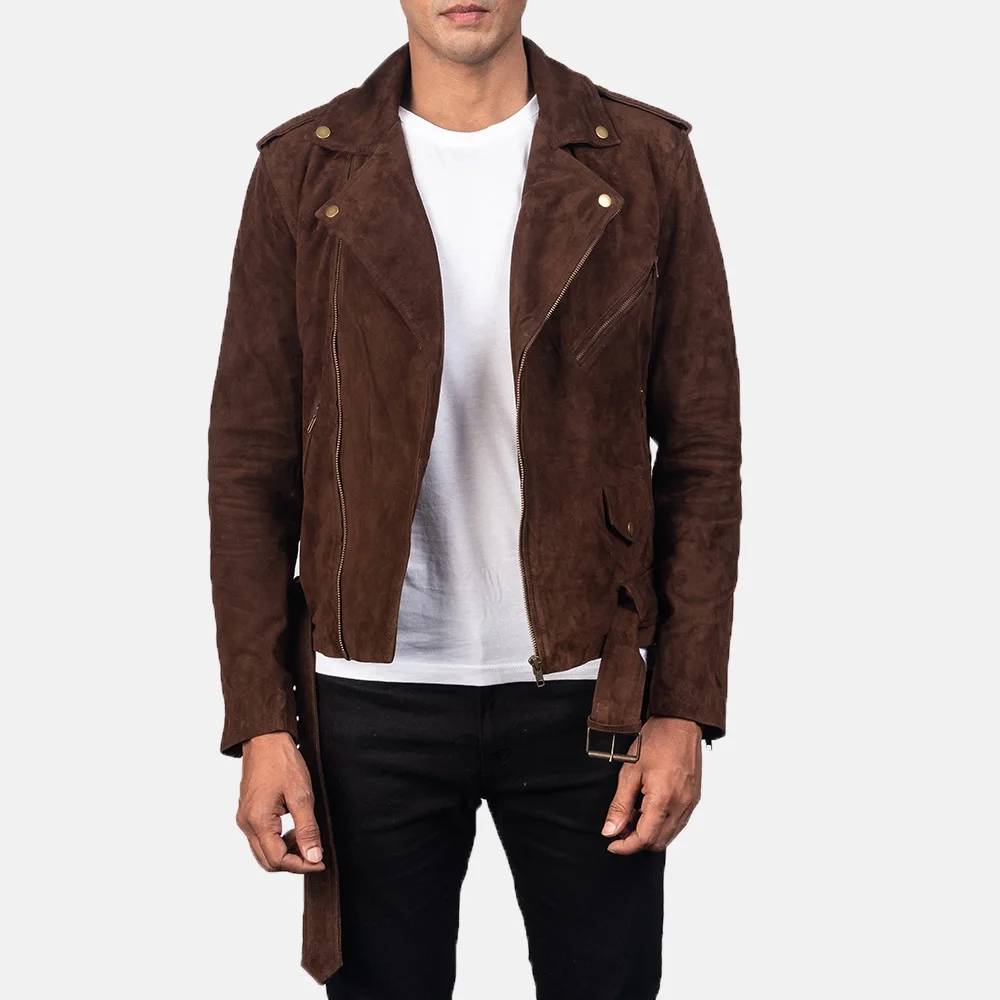 Men Suede leather  biker jacket/OEM custom dark brown suede leather jacket/Wholesale genuine suede fashion biker leather jacket