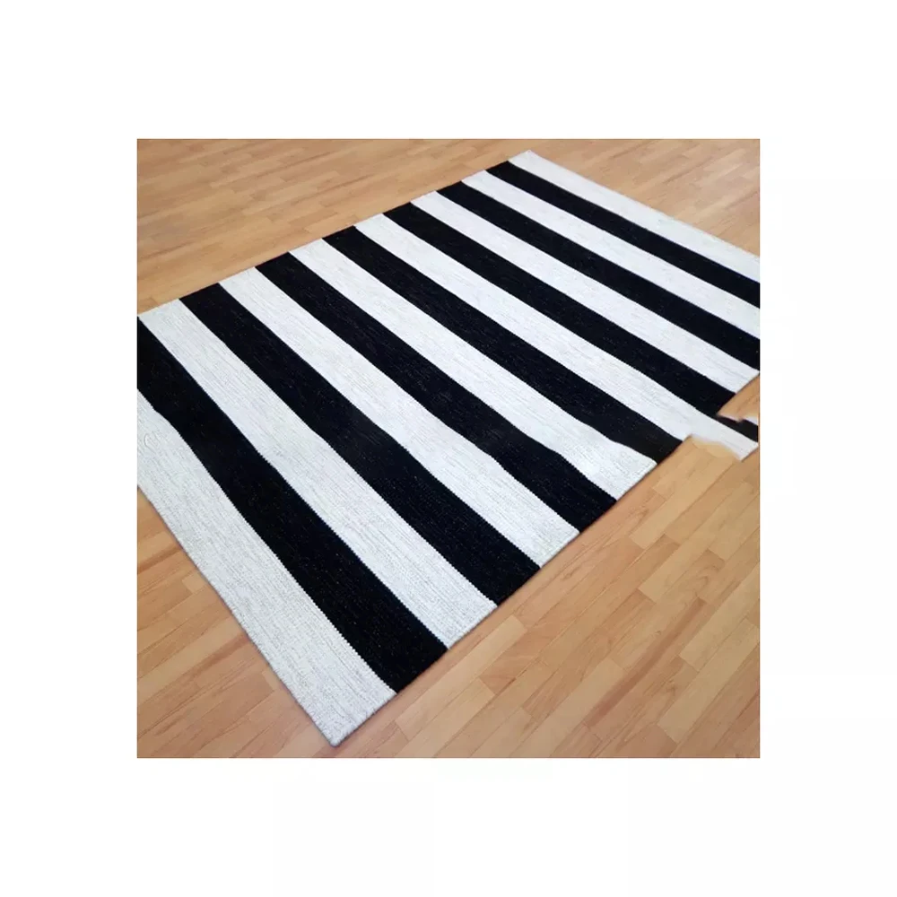 Carpet Rugs Handmade Dhurrie Indian Stripe Flat Weave Wool Black White Classic Rectangle Black & White / Customisable IN;34648