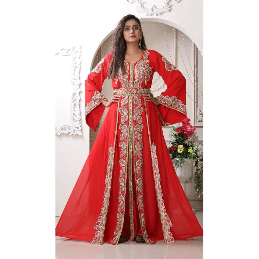 Stunning Purple Dubai Arabic Evening Dresses Beaded Long Sleeve Moroccan Kaftan Evening Gown Muslim Prom Dresses